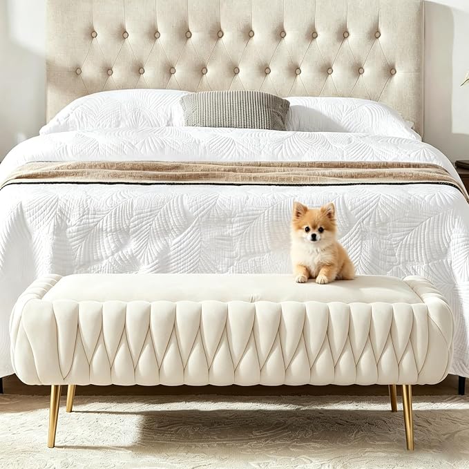 Bench for Entryway 41.3", Bedroom Benches for Foot of Bed, Ottoman with Storage for Bedroom, Upholstered Rectangular Ottoman for Living Room, Entryway, Holds up to 450 lb (White-A)