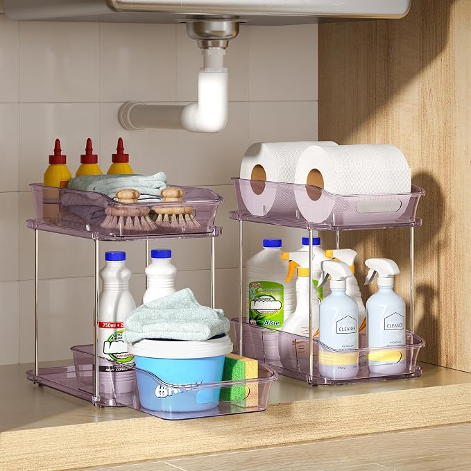 Delamu 2-Tier Under Sink Organizers and Storage, Multi-Purpose Stackable Bathroom Cabinet organizers, Pull Out Kitchen Pantry Organization and Storage with Dividers(2 Pack, Purple)