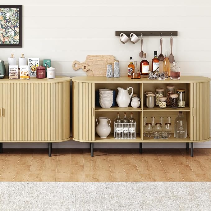 55" Sideboard Buffet Cabinet with Storage, Sliding Door & Adjustable Shelf, Modern Accent Coffee Bar Console Table for Kitchen, Entryway, Oak