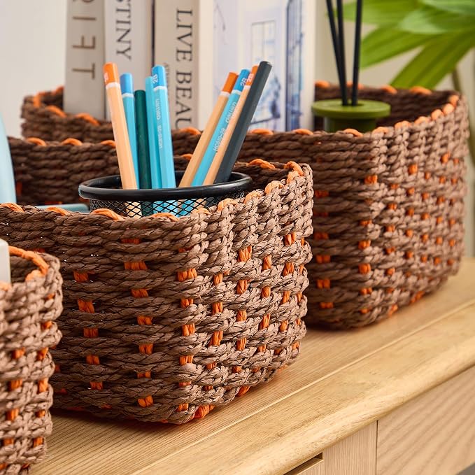 4PCS Woven Storage Baskets Set, Small Baskets for Organizing, Square Handwoven Paper Rope Organizer Bins for Shelves and Home Storage (Brown & Orange)