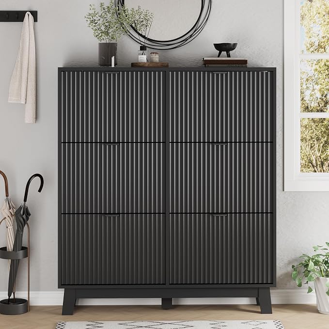 Xixini Shoe Cabinet with 6 Flip Drawers, 54" Tall Narrow Fluted Shoe Storage Organizer for Entryway, Hidden Slim Wooden Shoe Rack Cabinet for Front Door Entrance, Hallway, Living Room, Solid Black