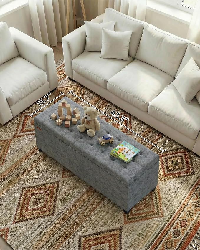 ABHENG Chenille Storage Ottoman Bench with Legs, 43.5”W x 15.7”D x 15.7”H,Metal Frame end of Bed Bench Hold up to 770 LB,Large Storage Chest,Gray UASND621G