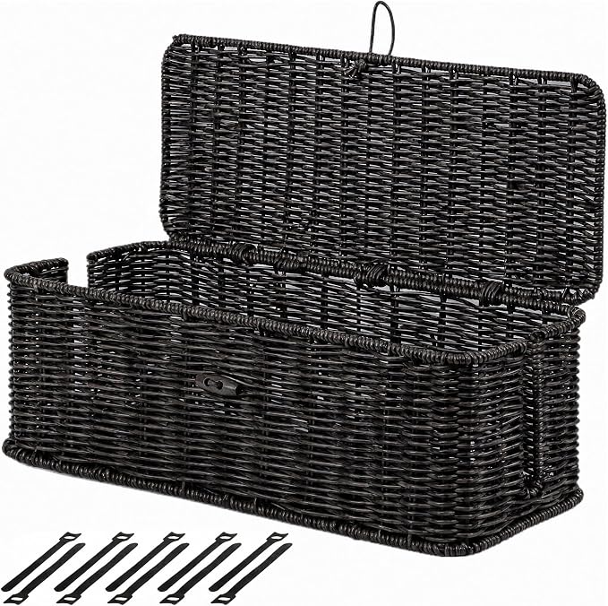 BROWNLILY Cable Management Box, Rattan Style Cord Organizer Cord Hider Outlet Covers Baby Proofing for Power Strip TV PC Router Charger Under Desk Storage with Lockable Lid and Cable Ties-Black, L