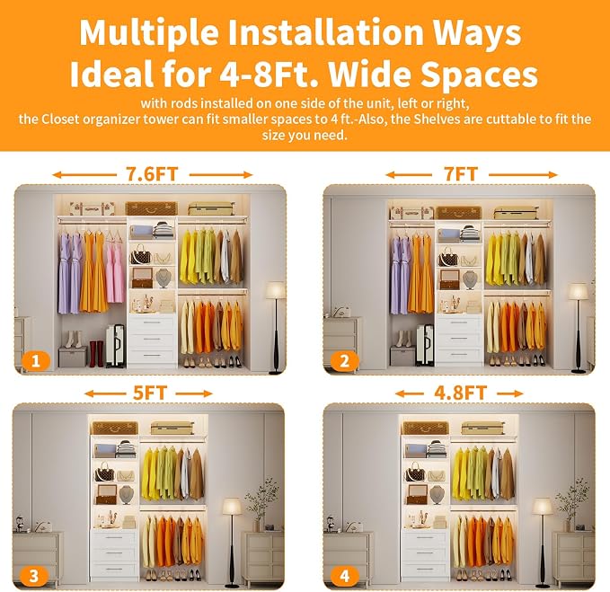 Closet System with 3 Wood Drawers, 5-8FT Closet Organizer System with Cuttable Shelves for Walk in Closet with 3 Expandable Hanging Rods, Heavy Duty Built-in Closet for Bedroom, White