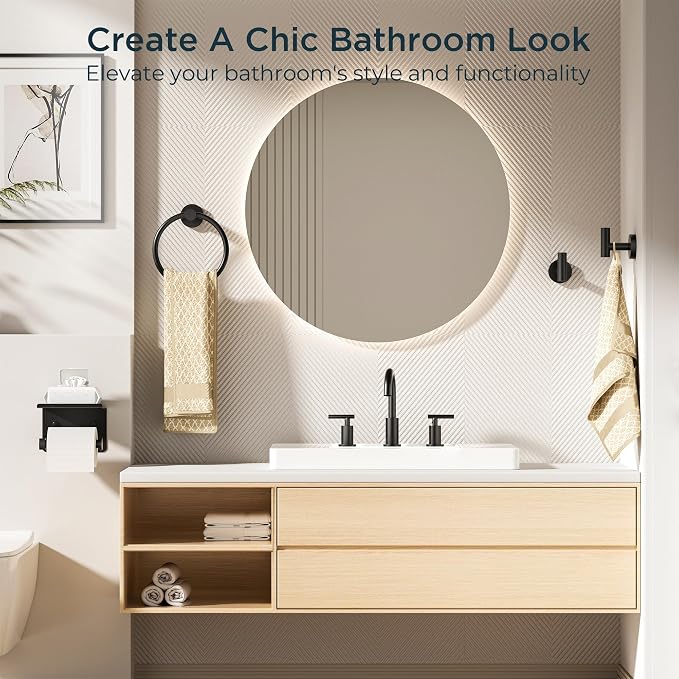 FORIOUS Bathroom Accessories, 5-Piece Bathroom Hardware Set - 24" Towel Bar | Matte Black | Towel Hooks, Towel Racks for Bathroom, Toilet Paper Holder With Shelf & Towel Ring | SUS304 Stainless Steel