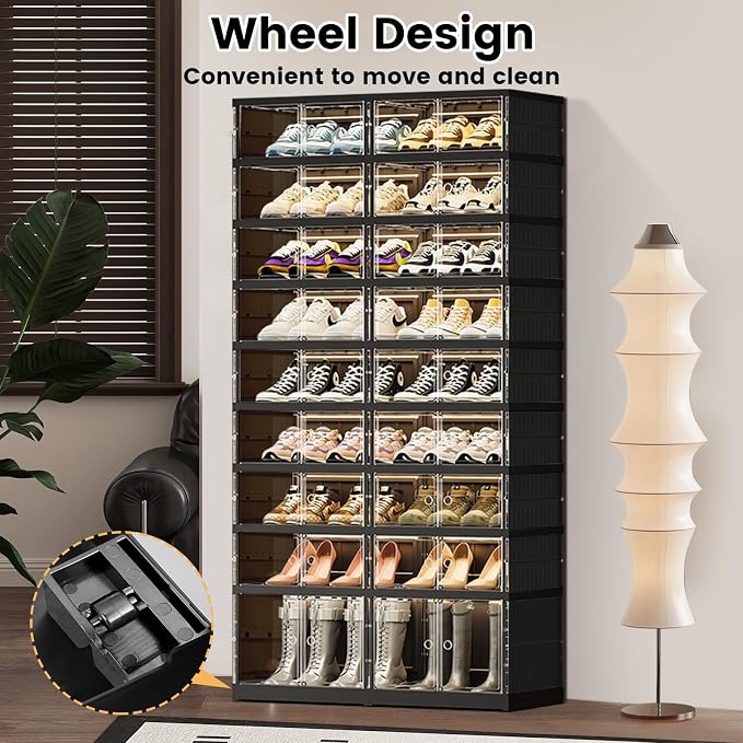 SYNCVIBE Shoe Rack Organizer for Closet Entryway Foldable Sneaker Storage Shoe, Collapsible Shoe Cabinet, Stackable Shoe Storage Cabinet with Lids for Living Room (9 Tiers -36 Pairs Black)
