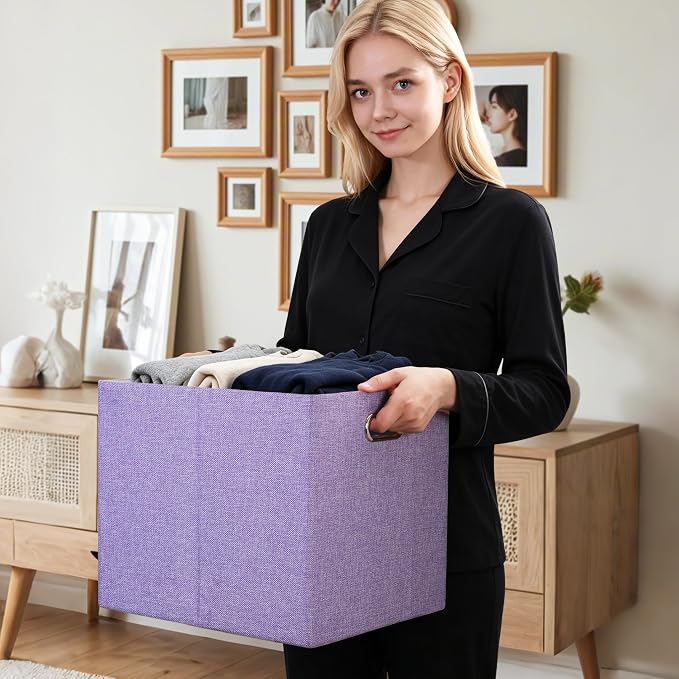 Posprica 3X Thicker Collapsible Storage Bins,13×15x13 Foldable Storage Cube Boxes Fabric Drawer for Closet Shelf Cabinet Bookcase, set of 4 (Purple)