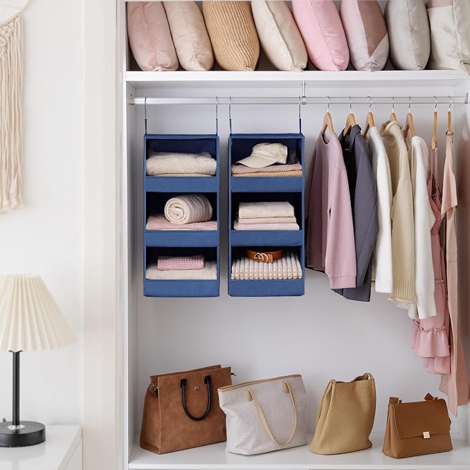 GRANNY SAYS 3-Shelf Closet Organizers and Storage, Foldable Hanging Closet Organizer, Closet Hanging Shelves with 2 Metal Hooks, Leak-Proof Hanging Organizer for Closet, Navy, 2-Pack
