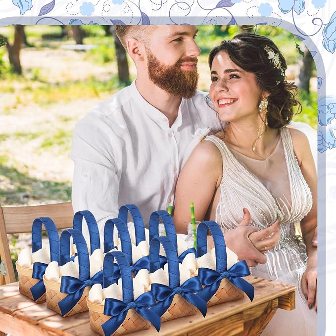 12 Pcs Mini Flower Girl Basket Mini Woven Baskets with Handles Wood Chip Flower Fruit Picnic Holder with Dark Blue Ribbon Chip Bucket for Wedding Party Gifts Baby Shower Birthday Decoration
