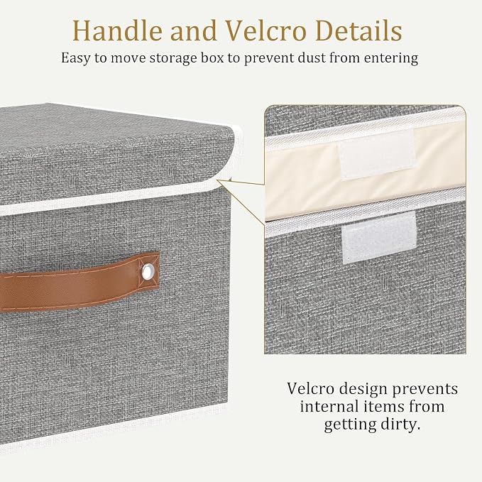 OUTBROS Storage Boxes, Bins with Lids, Grey, 3 Pack 10.2x7.9x6.7in | Cotton and linen cloth Storage Baskets with Handle, for Books, Closet, Bedroom, Home