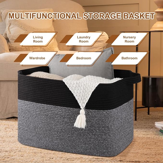 OIASKET 108L Cotton Rope Storage Basket for Living Room and Bedroom 25"x16"x16" Woven Laundry Basket, Heavy Duty Bin for Blankets, Pillows & Toys, Pet-Safe & Scratch-Free, Black