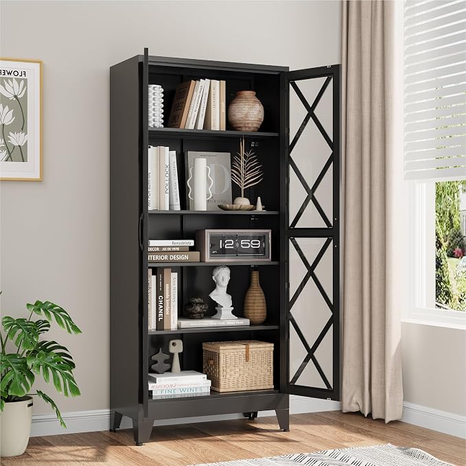 71" Tall Display Cabinet with Glass Doors, Farmhouse Metal Storage Glass Cabinet with 4 Adjustable Shelves, Black Vintage Tall Storage Cabinet for Collectibles,Curio, Books, Chinaware, Figures