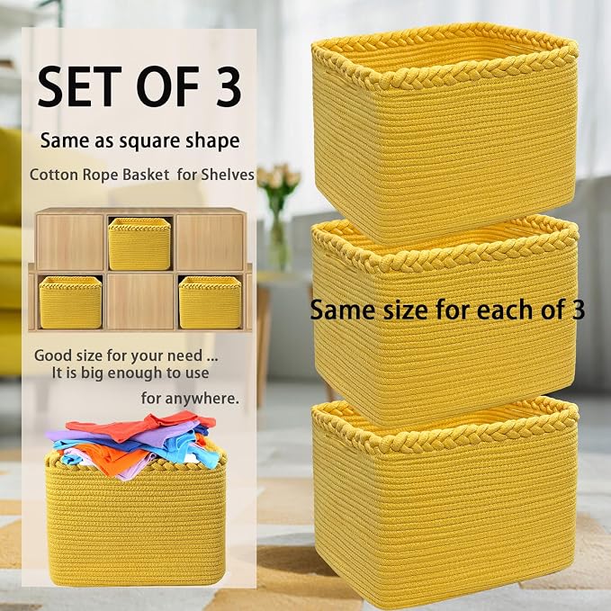 COMFY-HOMI 3PACK Cotton Rope Square Basket with Handles for Shelves| Storage|Baby Basket for GIF|Shoe Basket for Organizing|New13.5" x 11" x 9.5" for Living Room