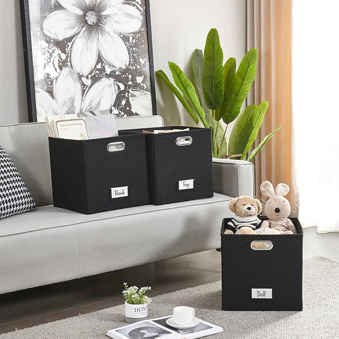 DECOMOMO Felt Storage Bins, 13 inch Cube Storage Bin with Labels | 4 Pack Storage Baskets for Shelves, Kallax (Black)