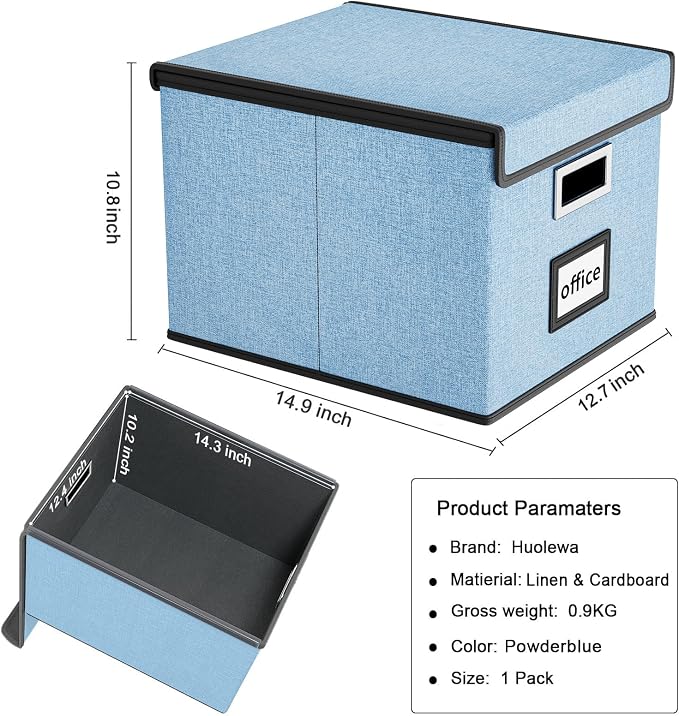 File Organizer Box with Lids, Collapsible File Folder Organizer | File Box with Plastic Slides for Document, Filing Bin for Letter Size Hanging File Folders (1 Pack, Powderblue)