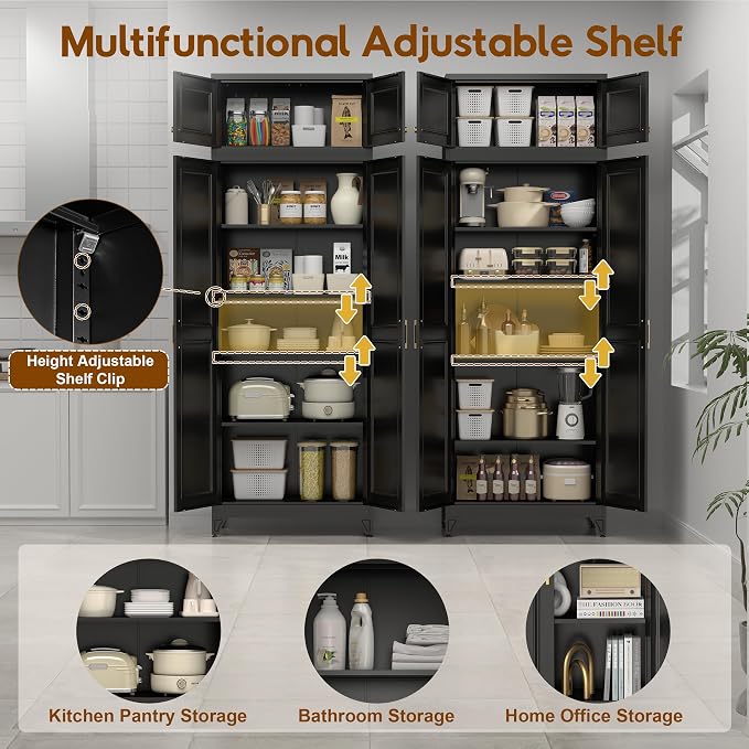 UNICOLY 90.8" Kitchen Pantry Cabinet, Metal Storage Cabinet with 4 Shelves | Tall Storage Cabinet with Doors and Shelves,Freestanding Cupboardfor Kitchen, Living Room, Dinning Room, Assembly Required