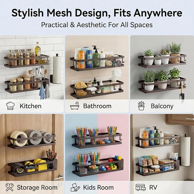 PUSDON 5-in-1 16.5" Extra Long Kitchen Organizer & Shower Caddy Set, Wall Mount Spice Rack with Paper Towel Holder, Utensil Holder & Soap Dish, Rustproof Mesh Storage Rack, Vintage Bronze, Guardrail