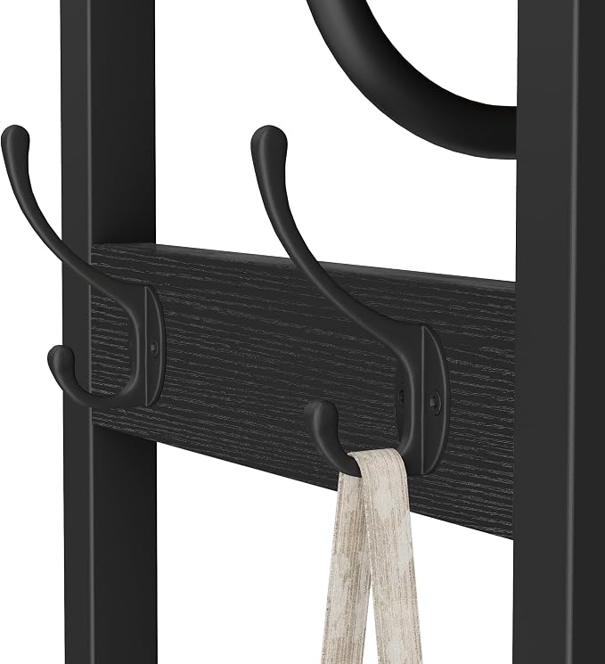 Coat Rack with Hanging Rod, Garment Rack with 3 Wooden Shelves and 4 Hooks, Freestanding Hall Tree, Industrial Clothes Rack Stand Organizer, Black