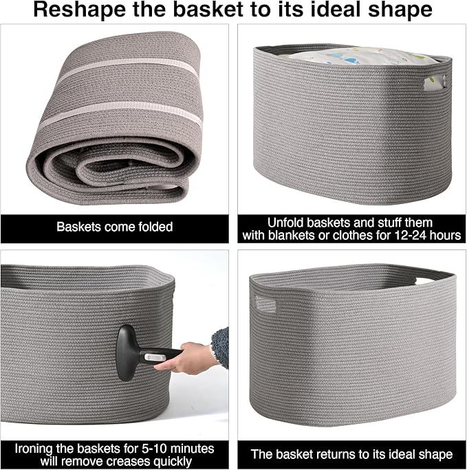 ICERZCZ Large Grey Storage Basket, Blanket Baskets for Living Room, Large Toy Basket for Storage, Woven Cotton Rope Baskets for Blankets, Clothes, Shoes, Books, Grey, 25”x16”x16” (105L)