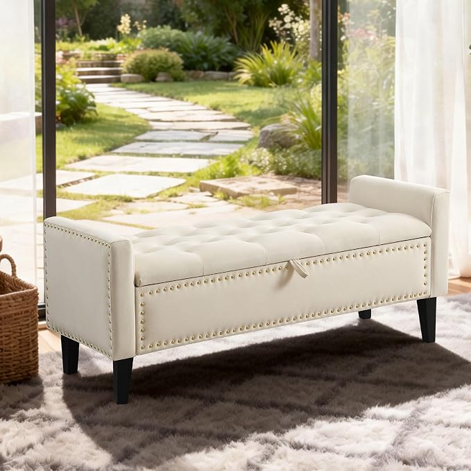 47in Velvet Storage Ottoman Bench with Arms, Upholstered Storage Bench with Wooden Legs, Storage Bench for Bedroom, Living Room, Beige
