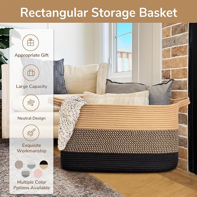 Goodpick Wicker Blanket Basket, Rectangle Storage Organizer, Black Jute | 21.6 x 14.9 x 11.8 in, Reinforced Handles, Living Room, Bedroom & Nursery Organization, Blankets, Clothes & Toys Storage