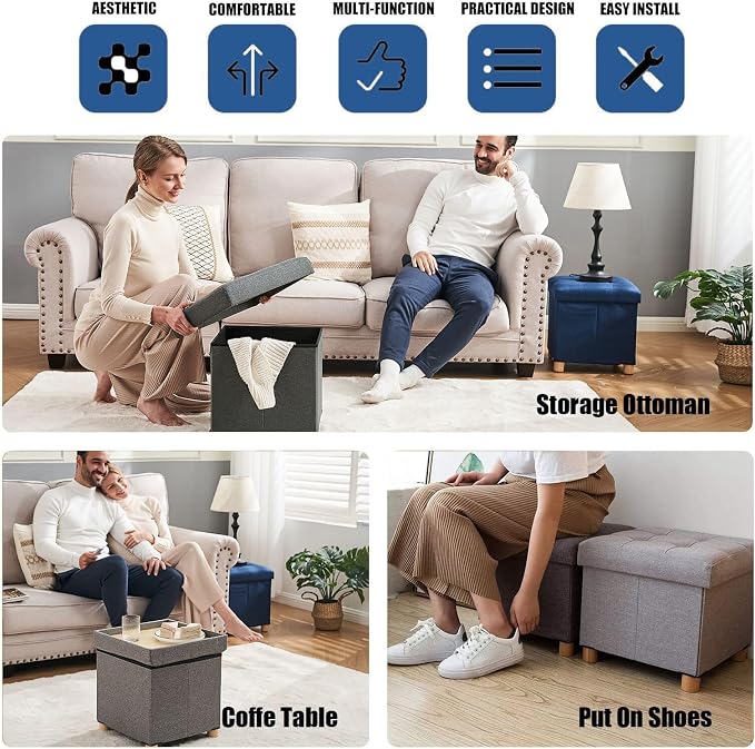 BRIAN & DANY Ottoman with Storage, Square Small Storage Ottoman Foot Rest with Legs, Ottomans Foot Stool for Dorm, Living Room, Entryway 14.8"x14.8"x17.8" (Beige)