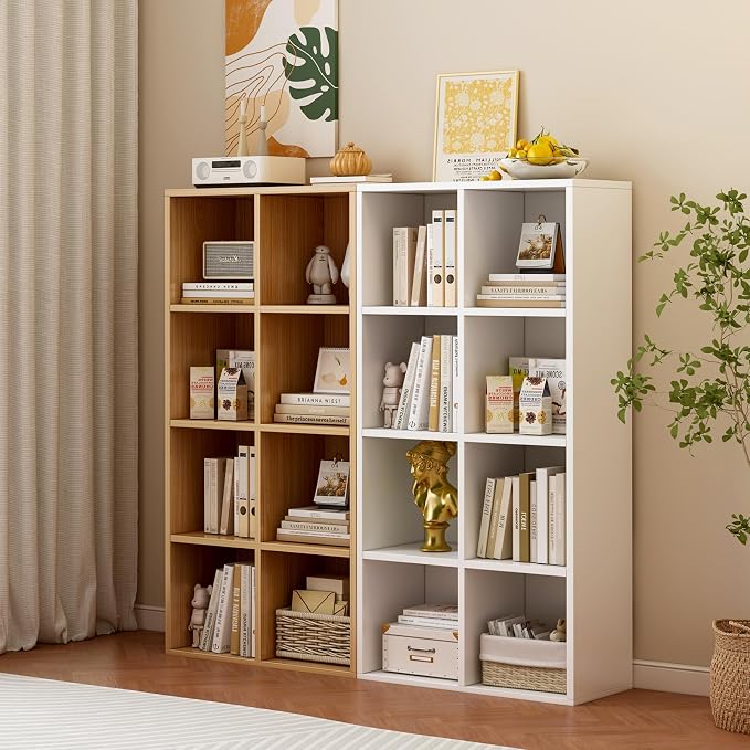 OSCHF 8-Cube Storage Shelf Bookcase, Oak | Wooden 4-Tier Open Bookshelf, Fits 11×11" Bins, Vertical or Horizontal Use, Full Back Panels, For Home Office
