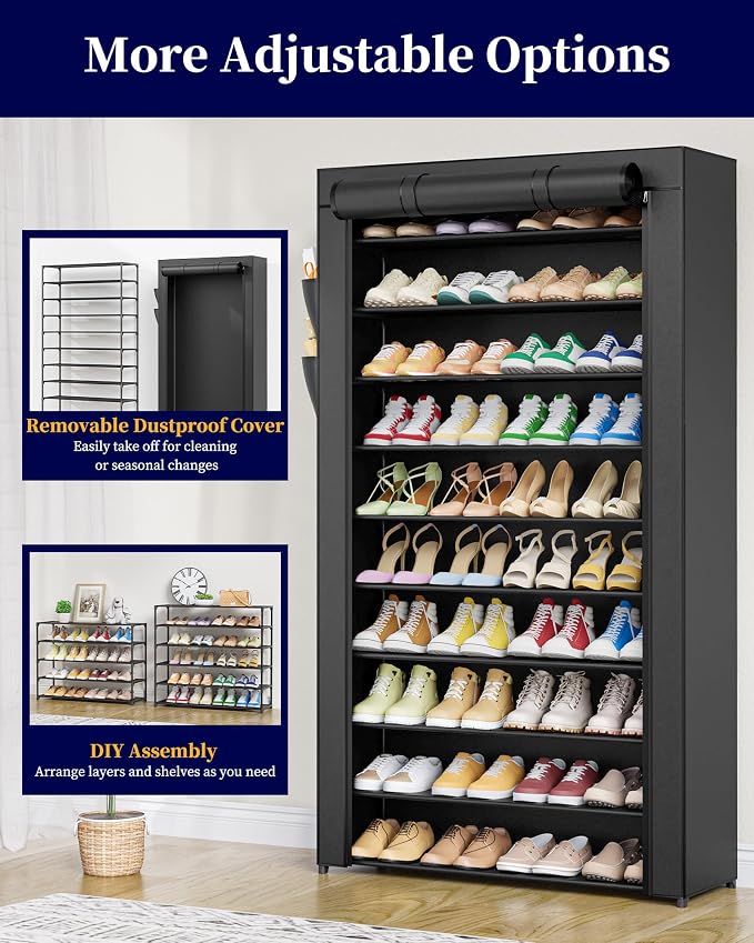 Kitsure 10-Tier Shoe Rack with Cover, Vertical Shelf, 33.6" Wide, Black | Space Saving Shoe Storage with Side Pocket, Shoe Organizer for Closet, Entryway, Bedroom, Zapateras Organizer