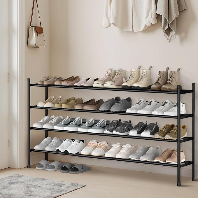 STORAGE MANIAC Long Expandable Shoe Rack, 24 Pairs Metal Wide Stackable Shoe Rack, Adjustable Shoes Shelf, Freestanding Shoes Organizer for Closet, Entryway, Hallway, Garage, Front Door, 4 Tiers