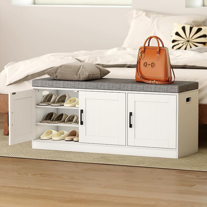 3-Tier Shoe Storage Bench with Adjustable Shelf, Large Capacity Entryway Shoe Bench with Thickened Padded Seat Cushion and 3 Doors for Entry, Bedroom, Hallway (White,42.5 * 14in)