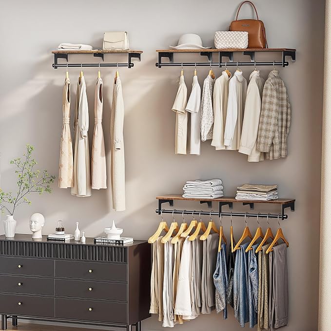 Luxspire 28.7" Wall Mount Clothes Rack with Wood Top Shelf Hanging Clothes | Black + brown, heavy duty rust-resistant metal, extra top shelf decor storage, easy install on wood brick walls