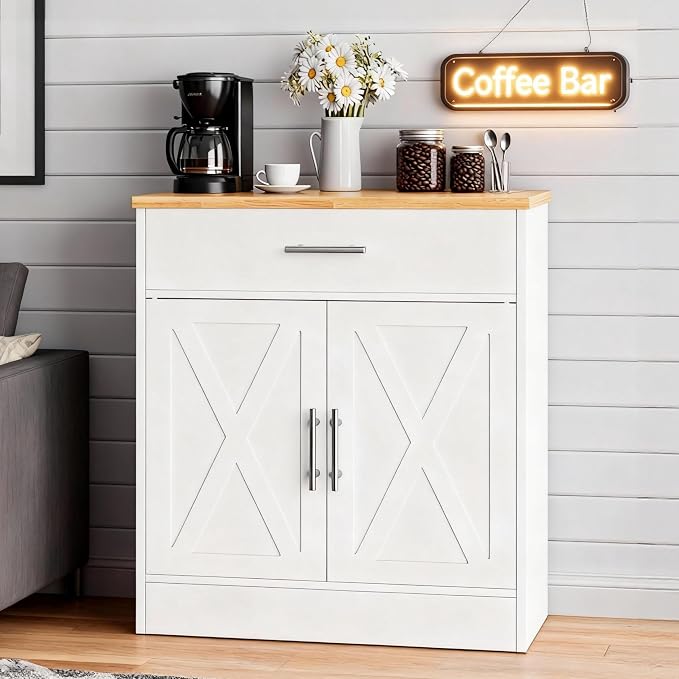 Coffee Bar Cabinet, Wooden Storage Cabinet with 2 Doors and 1 Drawers, Adjustable Shelf, Modern Farmhouse Kitchen Buffet Sideboard Cabinet with Storage for Kitchen, Rustic White&Yellow