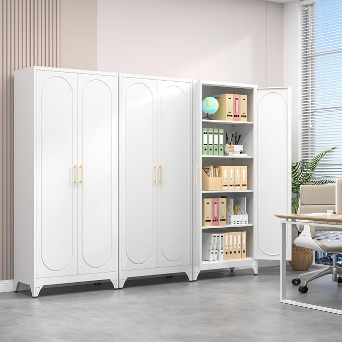 Polup 75" Tall Metal Kitchen Pantry Storage Cabinet with Doors and Shelves | White Freestanding Cupboard, 5-Tier Heavy Duty, 4 Adjustable Shelving, Gold Handles, for Garage, Dining Living Room, Office