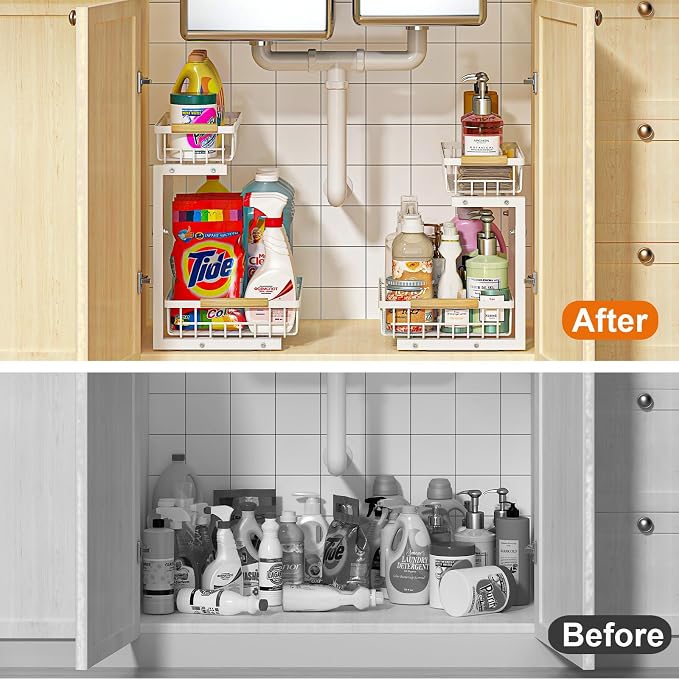 Under Sink Organizer, Height Adjustable Under Sink Organizers and Storage, 2 Tier Pull Out Drawer Cabinet Storage for Kitchen Bathroom, 1 Pack, White | cabinet organizer, 5 level adjustable, quiet sliding rails, dual suction and nano tape, no drill, ru...