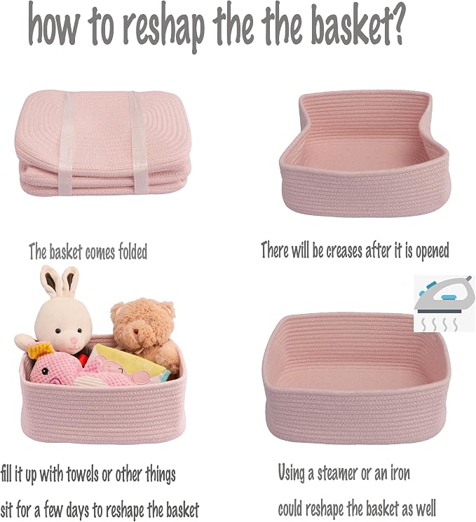 XUANGUO Small Woven Storage Baskets for Shelves, 13" x 9" x 5", Pink | Decorative rope storage bins for closets and toy storage; cute organizer baskets, empty gift baskets and nursery storage.