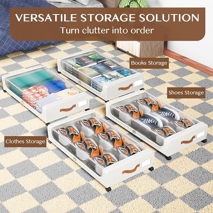 Under Bed Storage with Wheels, UnderBed Storage Containers with Clear Lid and Handles, XXL 60L Under the Bed Storage Bins Drawers for Clothes,Blankets,Shoes,Books (WHITE, 2 PACK)