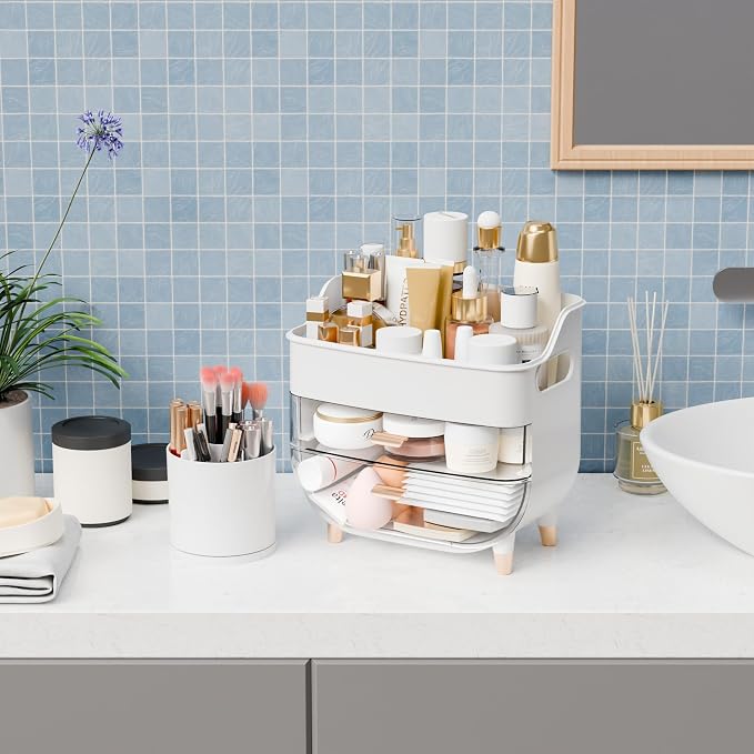 White Make up Organizers for Counter,Vanity and Dresser,Bathroom Makeup Organizer Countertop,Large Makeup Storage Organizer for Hair Tool,Beauty Products,Skin Care and Cosmetic Display Cases