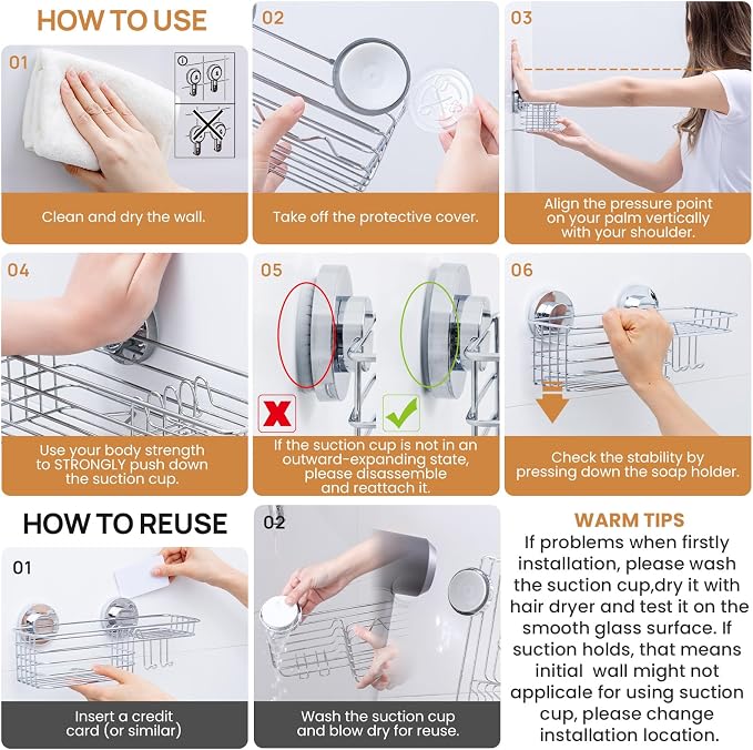 LEVERLOC Shower Caddy Suction Cup Shower Shelves Shower Holder,Silver | No Drill, Heavy Duty, Small, Wall Mount, Soap Holder, Shampoo Holder
