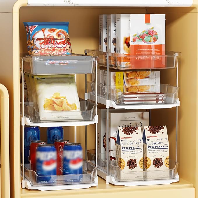 Delamu 2 Sets of 3-Tier Bathroom Under Sink Organizers and Storage, Multi-Purpose Stackable Pantry Organization and Storage, Pull Out Clear Kitchen Bathroom Cabinet Organizer with Movable Dividers | Storage