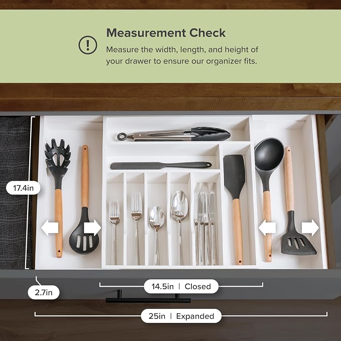 KitchenEdge Silverware & Utensil Drawer Organizer, 14.5-25 in, White Bamboo | Cutlery, flatware, food-safe contract grade, kitchen drawer fit