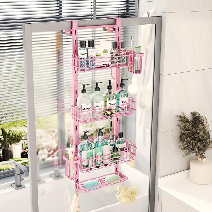 HapiRm Hanging Shower Caddy Organizer - Shower Shelf with 22 Hooks and 2 Toothbrush Holders, No Drilling Adjustable Hanging Bathroom Organizer - Pink