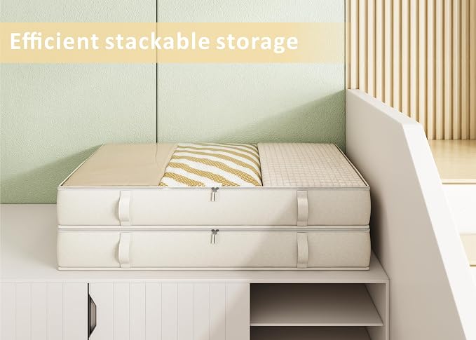 Vailando Storage Containers, 8 Inches Tall 80L Underbed Storage Bins with Sturdy Handles and Sidewalls, Closet Organizer for Clothes, Blankets, Seasonal Items, Beige, 2-Pack