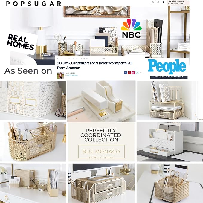 BLU MONACO | White Wooden Desk Organizer & Mail Organizer with Drawer & Gold Handle | Mail Sorter Countertop | 6 Compartments | White Desktop Organizer for Desk