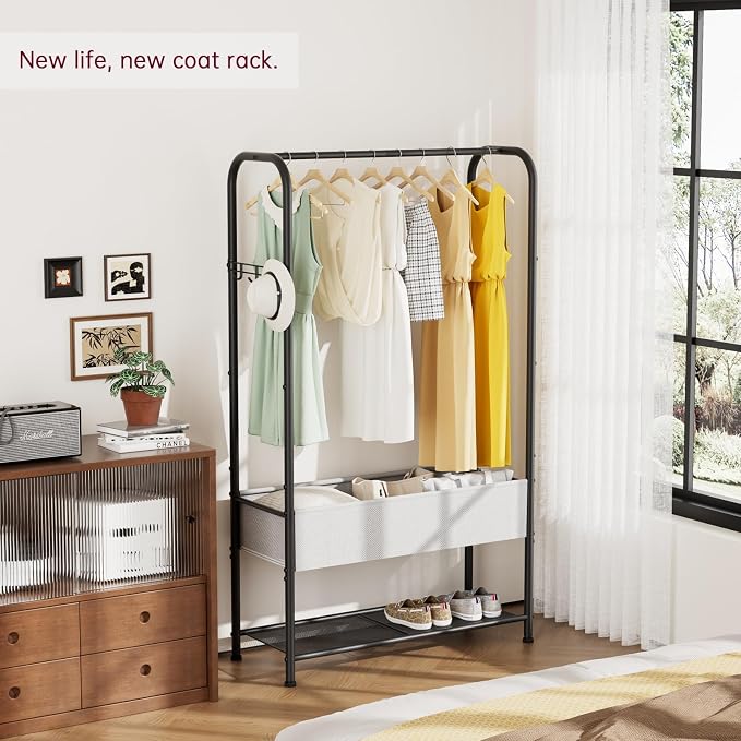 SINGAYE Wardrobe Standing Closet Clothing Rack With Shelf Hanging Clothes | Wardrobe Open Compact Small Metal Garment Hanger Stand Alone Free Standing Black Closet Rack Storage Organizer Heavy Duty