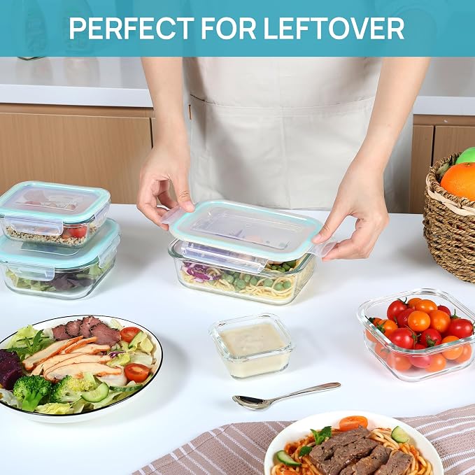 Vtopmart 8 Pack Glass Food Storage Containers with Airtight Lids | Meal Prep Lunch Containers, Leakproof, Leftover Storage, Take-out, Microwave, Oven, Freezer and Dishwasher Safe, BPA Free
