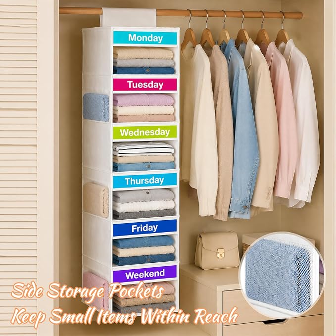 Weekly Clothes Organizer for Closet, 6-Shelf Hanging Closet Organizer with 6 Side Pockets(White)