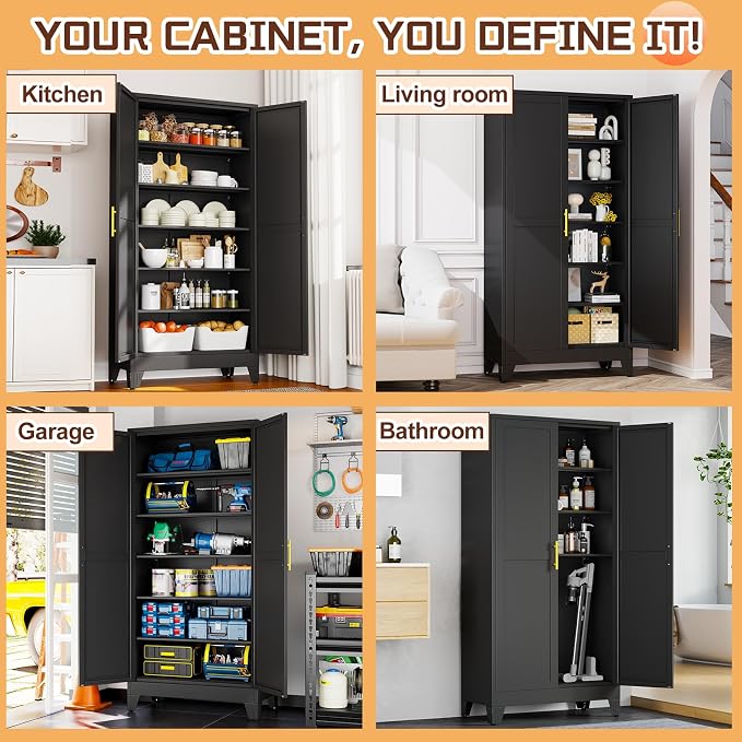 PAOFIN 75" Metal Kitchen Pantry Cabinet, Storage Cabinet with Doors and 5 Adjustable Shelves, Cabinet with 2 Metal Handles,Tall Cabinet for Livingroom,Pantry, Bathroom,Kitchen Black