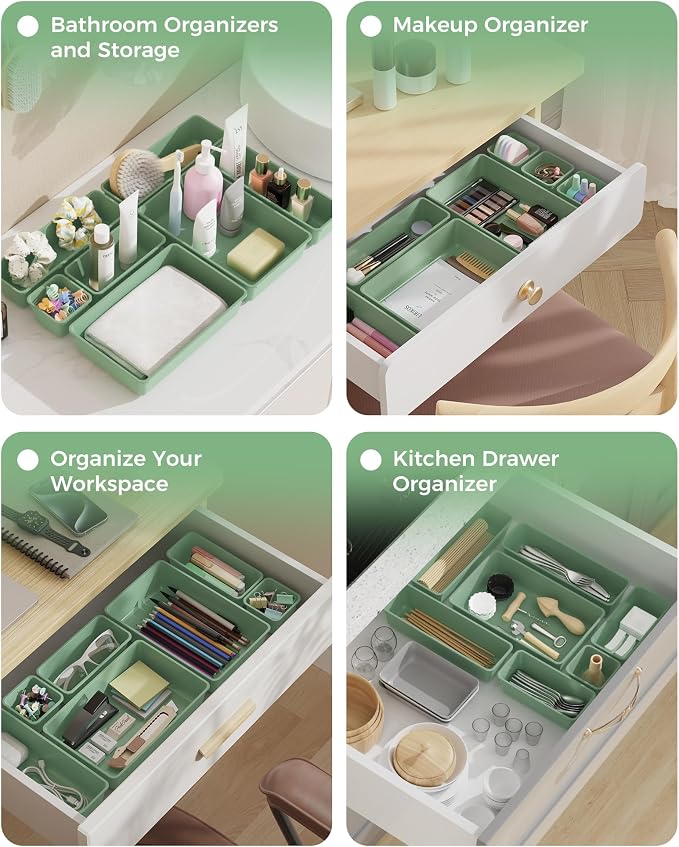 BiuLeon 25 PCS Plastic Drawer Organizers Set, 4-Sizes Vanity and Makeup Organizer, Desk and bathroom Drawer Organizer Trays, Organizers and Storage for Makeup, Jewelry, Gadgets, Utensils (Green)