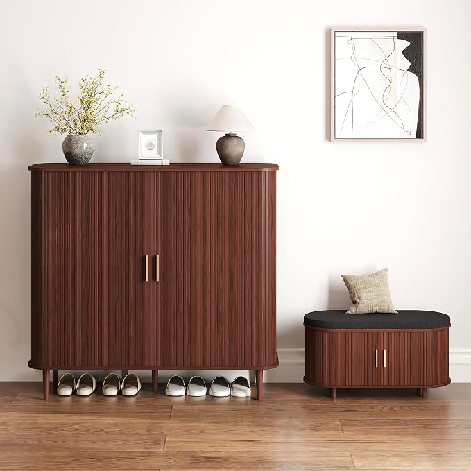 DHH Shoe Storage Cabinet with Sliding Door, 6-Tier Shoe Cabinet with Adjustable Shelves, Modern Freestanding Shoe Storage Organizer for Entryway, Hallway, Living Room (Walnut, 47 ")