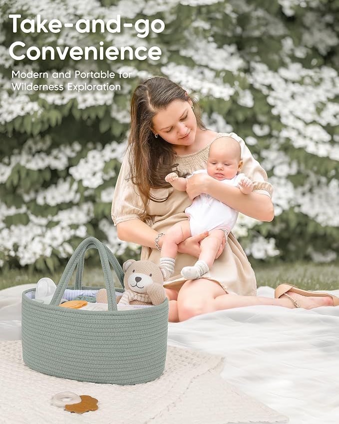 Maliton Diaper Caddy Organizer for Baby, Portable Diaper Storage Organizer for Changing Table and Car, Cotton Rope Nursery Storage Bin Basket for Baby Shower, Newborn Essentials Must Haves - Green